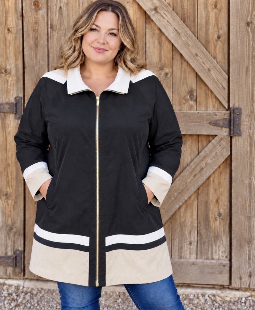 Jones New York Women’s Plus 2X Black Beige White Colorblock Hooded Zip Rain Coat